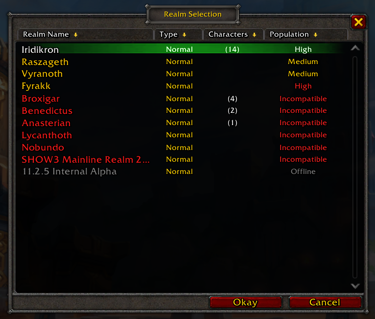 A World of Warcraft realm list showing a SHOW3 Mainline realm.